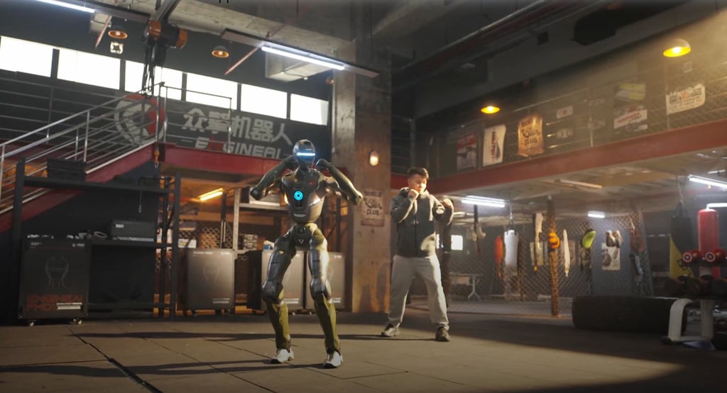 Humanoid robot training inside a gym.