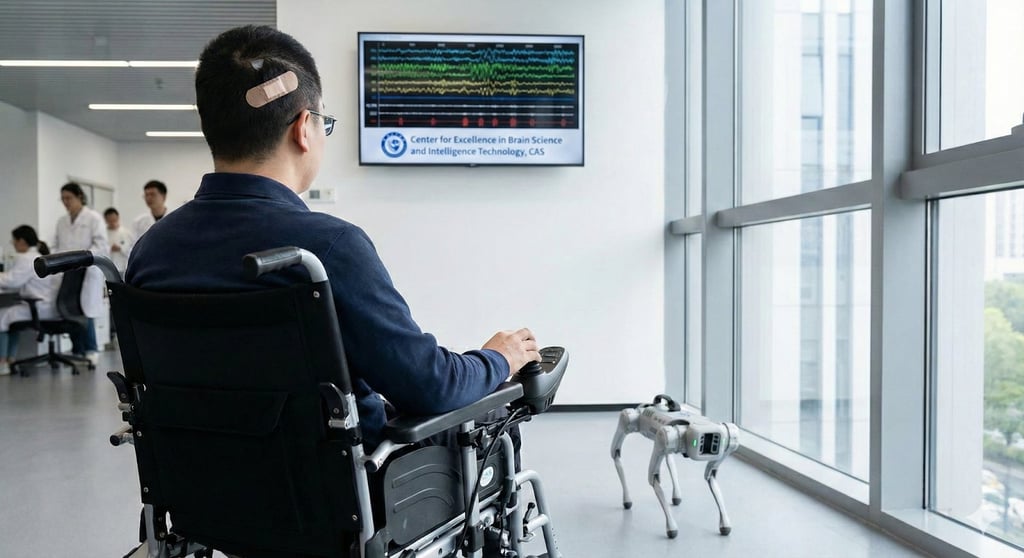 A disabled person on wheelchair controlling an AI robot.