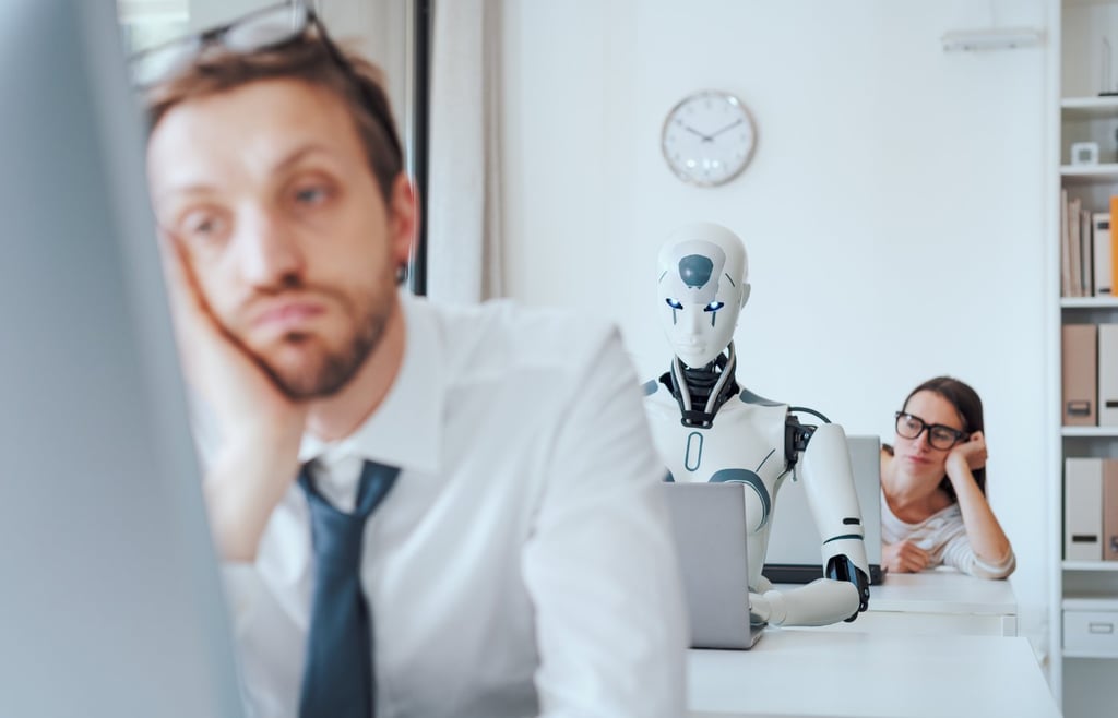 Focused white humanoid robot working on a laptop in a modern office between two bored or tired human coworkers.