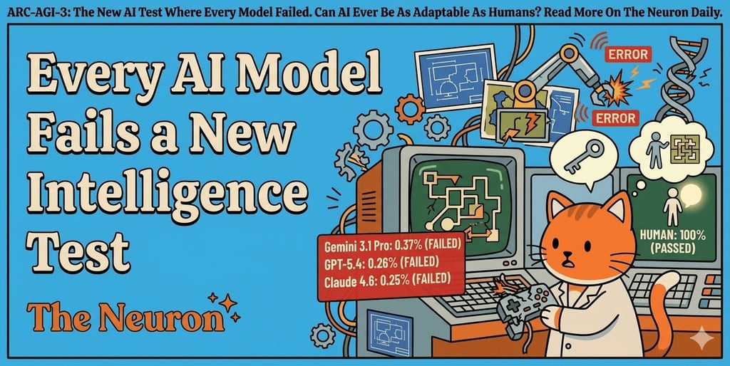 Infographic titled 'Every AI Model Fails a New Intelligence Test' by The Neuron. Shows ARC-AGI-3 results where Gemini 3.1 Pro, GPT-5.4, and Claude 4.6 failed with scores under 1%, while humans passed at 100%.