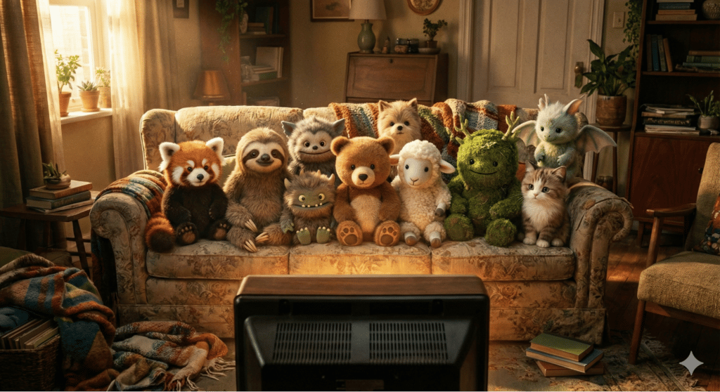An AI-generated image of a medium-wide shot of 10 different small fluffy characters sitting closely together on a worn fabric sofa.