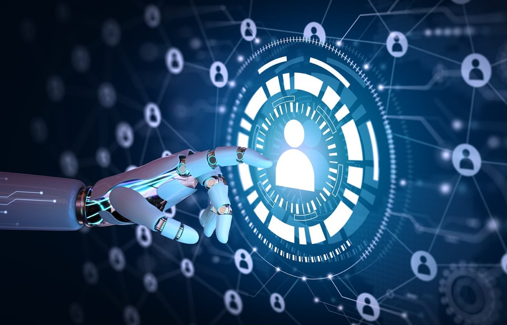 Robot hand interacting with a virtual person icon surrounded by a network of person icons on the background.