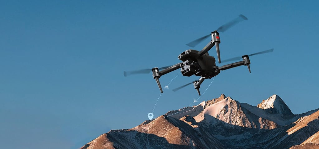 A drone flying over the mountains.