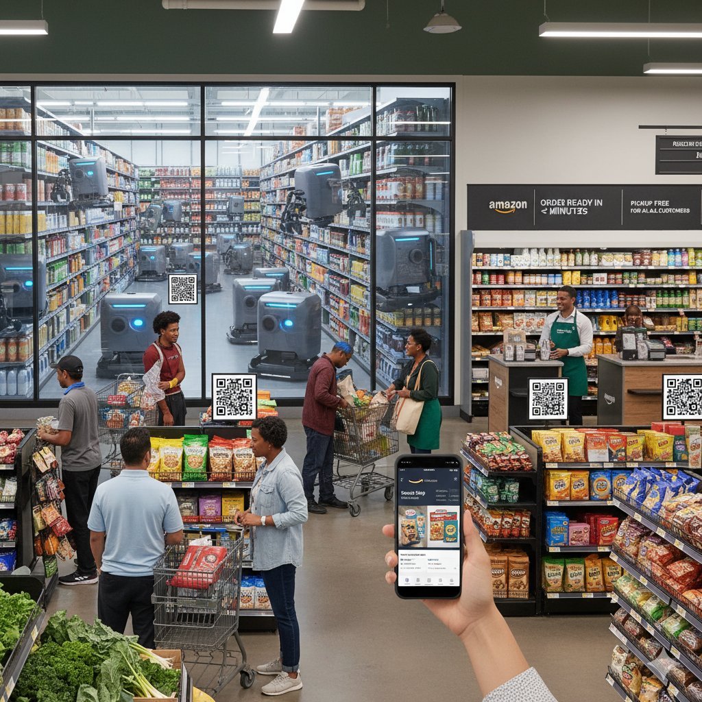 A typical day on a busy grocery store with several AI robots working on the stocks.