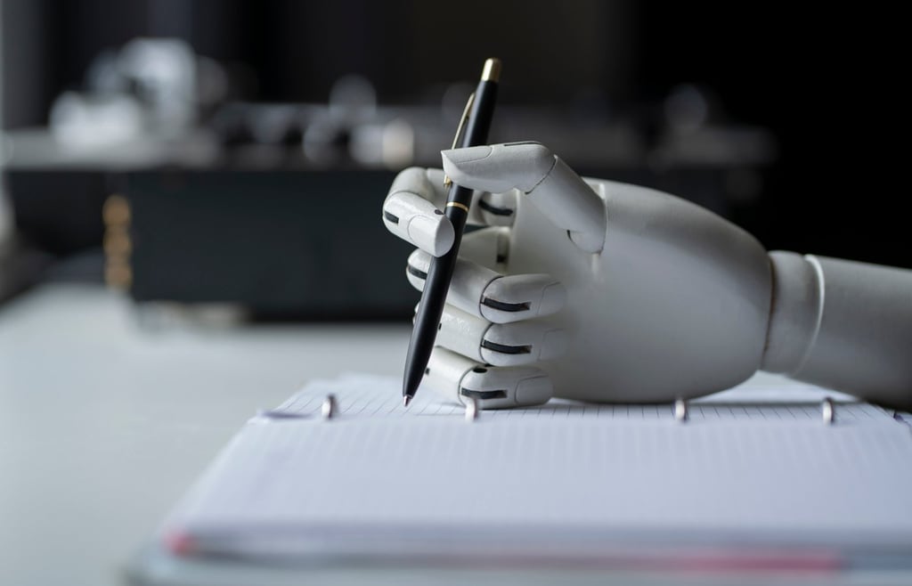 Robot hand writing on a notebook.