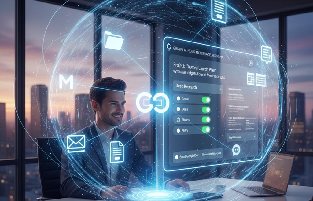 Man using AI-powered productivity software at a modern office desk.