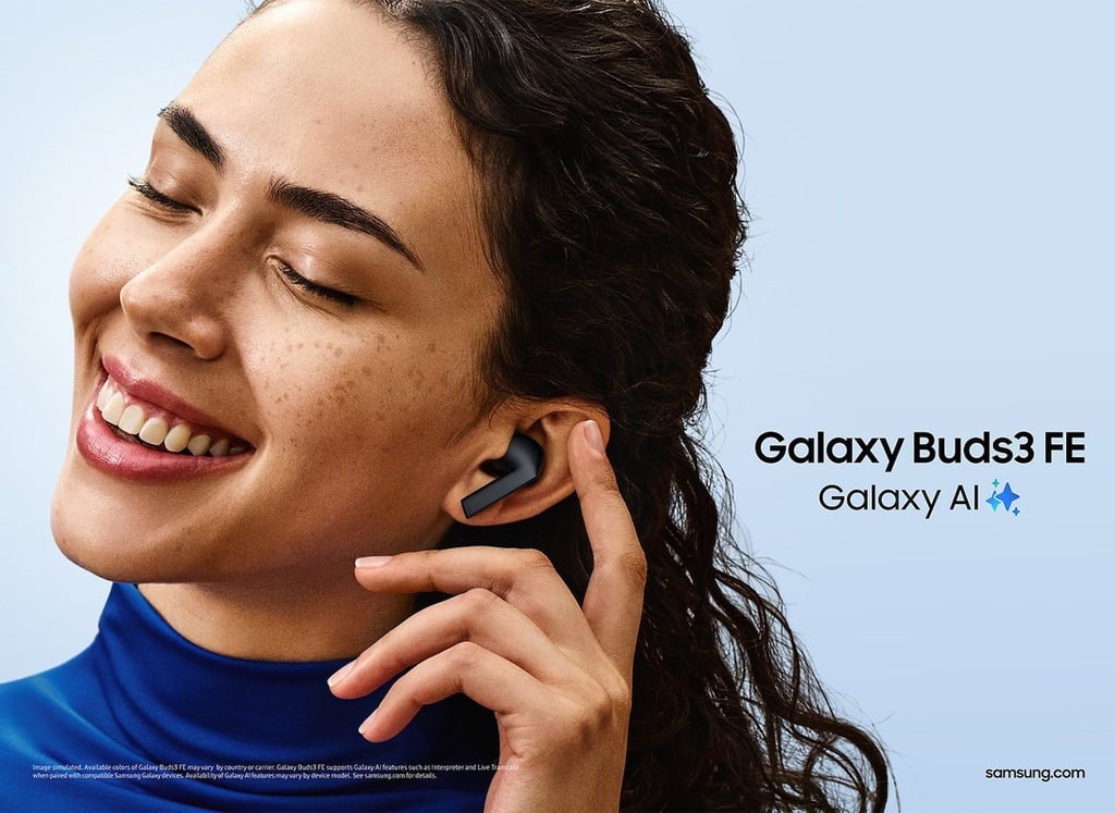 Samsung promo photo of a woman using the company's new Galaxy Buds3 FE earbuds.