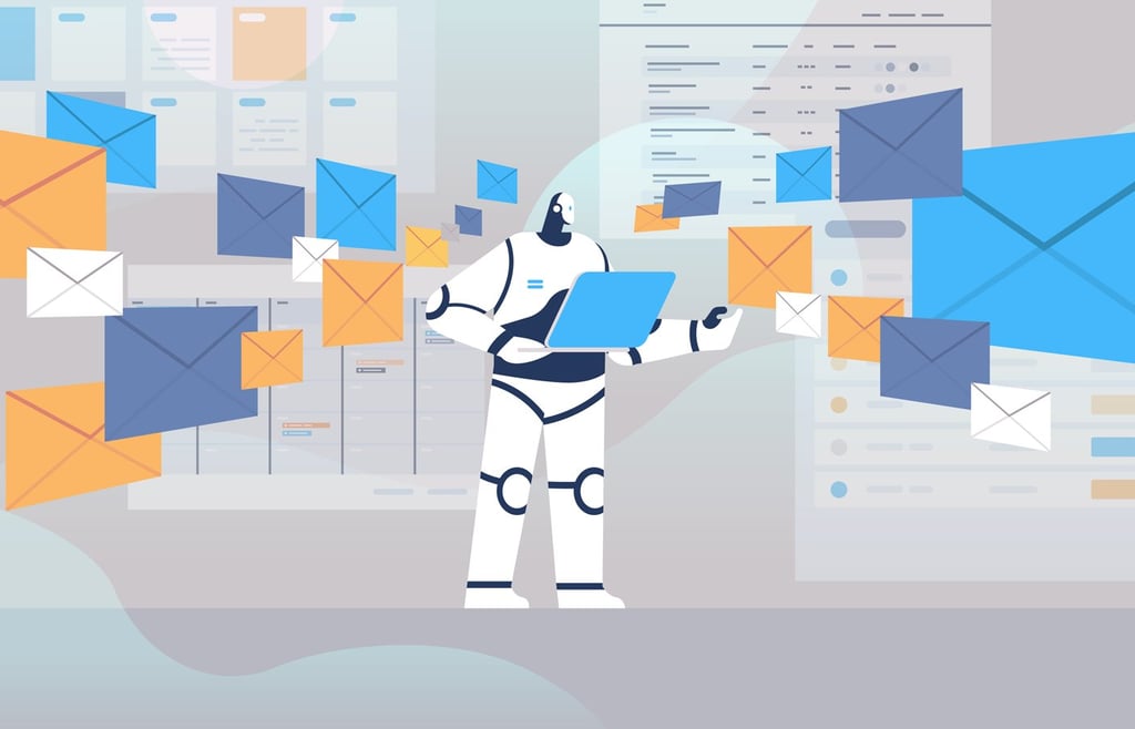 Robot using laptop sending and receiving envelopes.