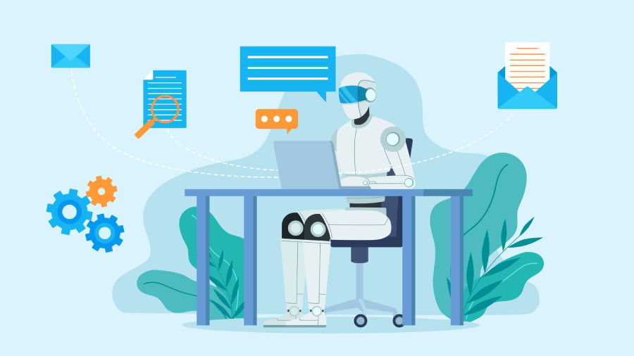 Ai robot sits at a desk and works on a laptop.
