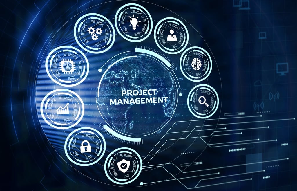 Project Management inscription surrounded by virtual project management related icons on a blue background.