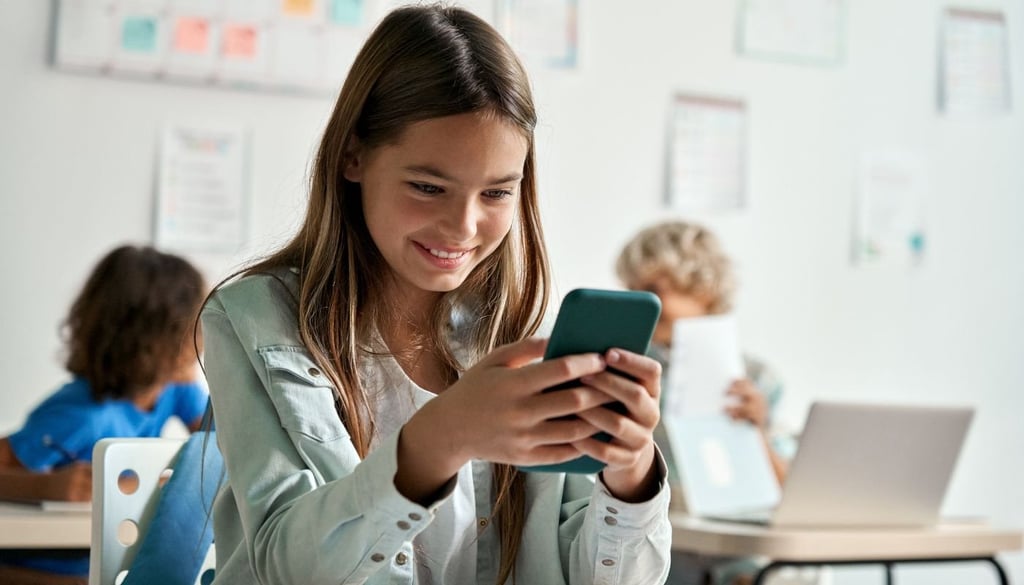 Happy latin hispanic kid girl school student using smartphone in classroom.