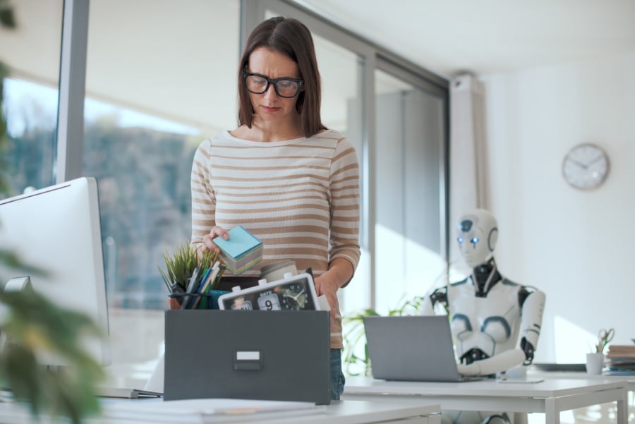 A female employee losing her job to AI robot.