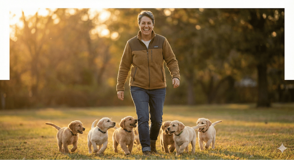 An AI generated realistic, high-fashion editorial image of a person walking toward the camera surrounded by multiple small fluffy puppies.