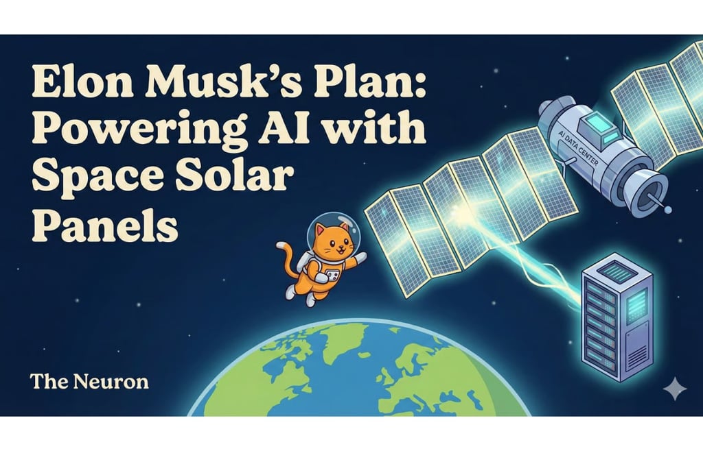 Elon Musk's plan for powering AI with space solar panels, featuring a cat astronaut and satellite energy beam.
