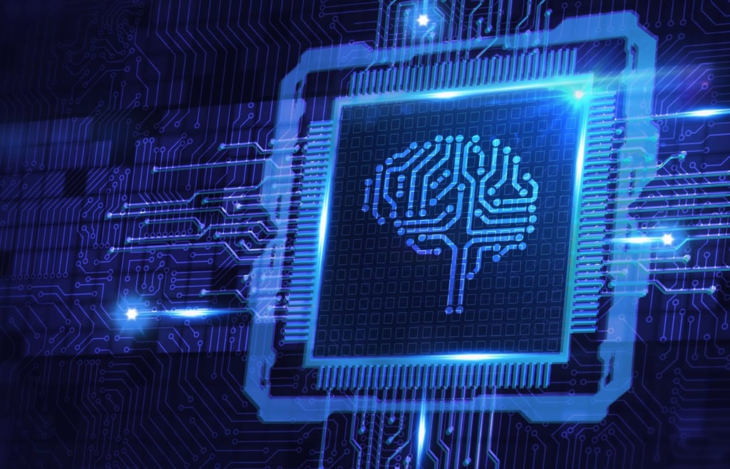 Virtual chip with a digital brain logo on a circuit-designed background.