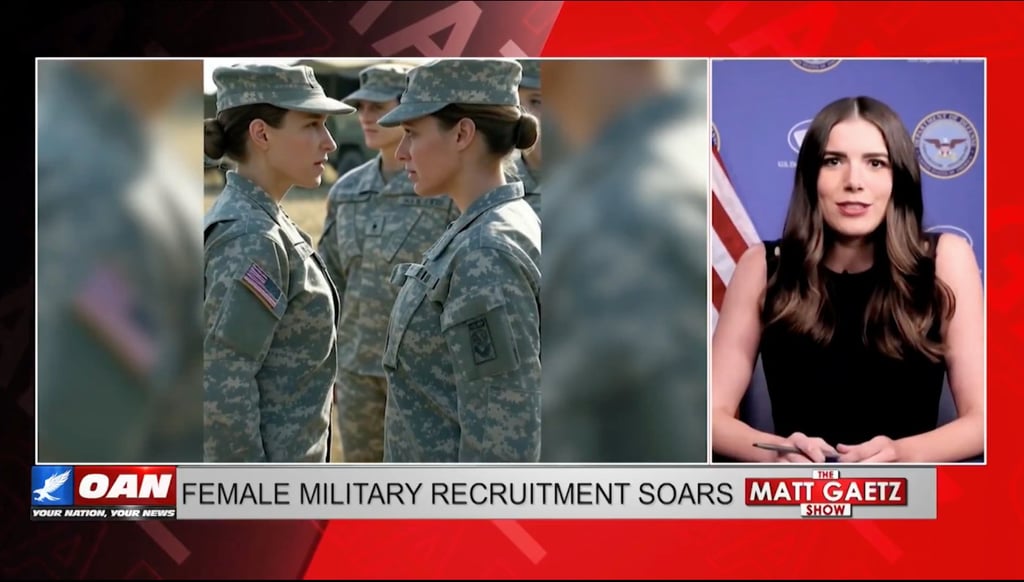 Screenshot of a live news report about AI "deepfake" pictures of female soldiers.