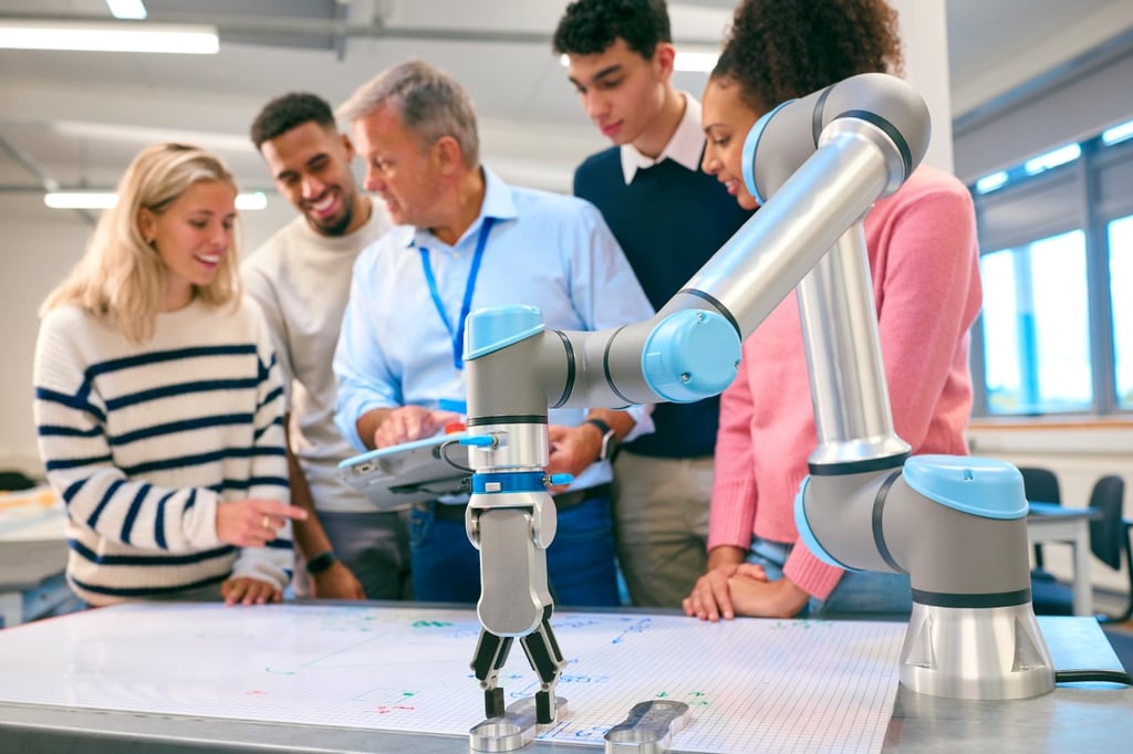 A group of engineering students listening to their professor.
