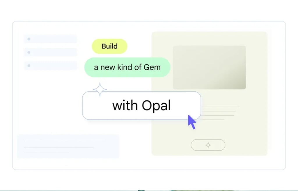 Google Opal interface screenshot showing text 'Build a new kind of Gem with Opal' and a mouse cursor