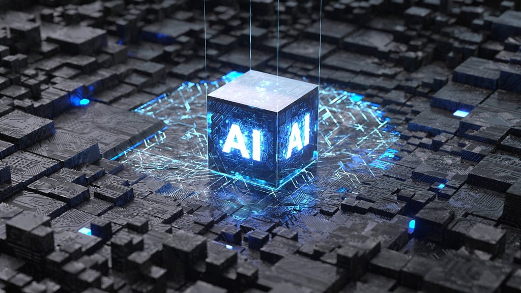 AI generated image of an obsidian cube with AI text on a circuit designed structure.