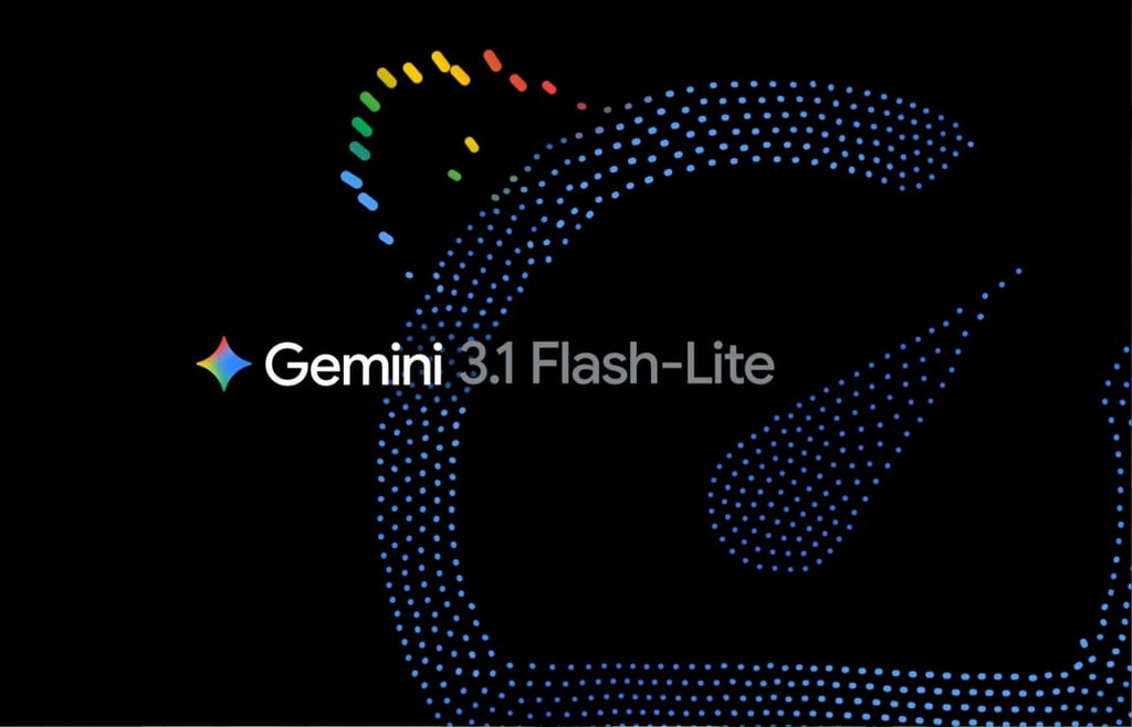 Gemini 3.1 Flash-Lite branding featuring a multi-colored spark icon and a stylized G composed of blue dots on a black background.
