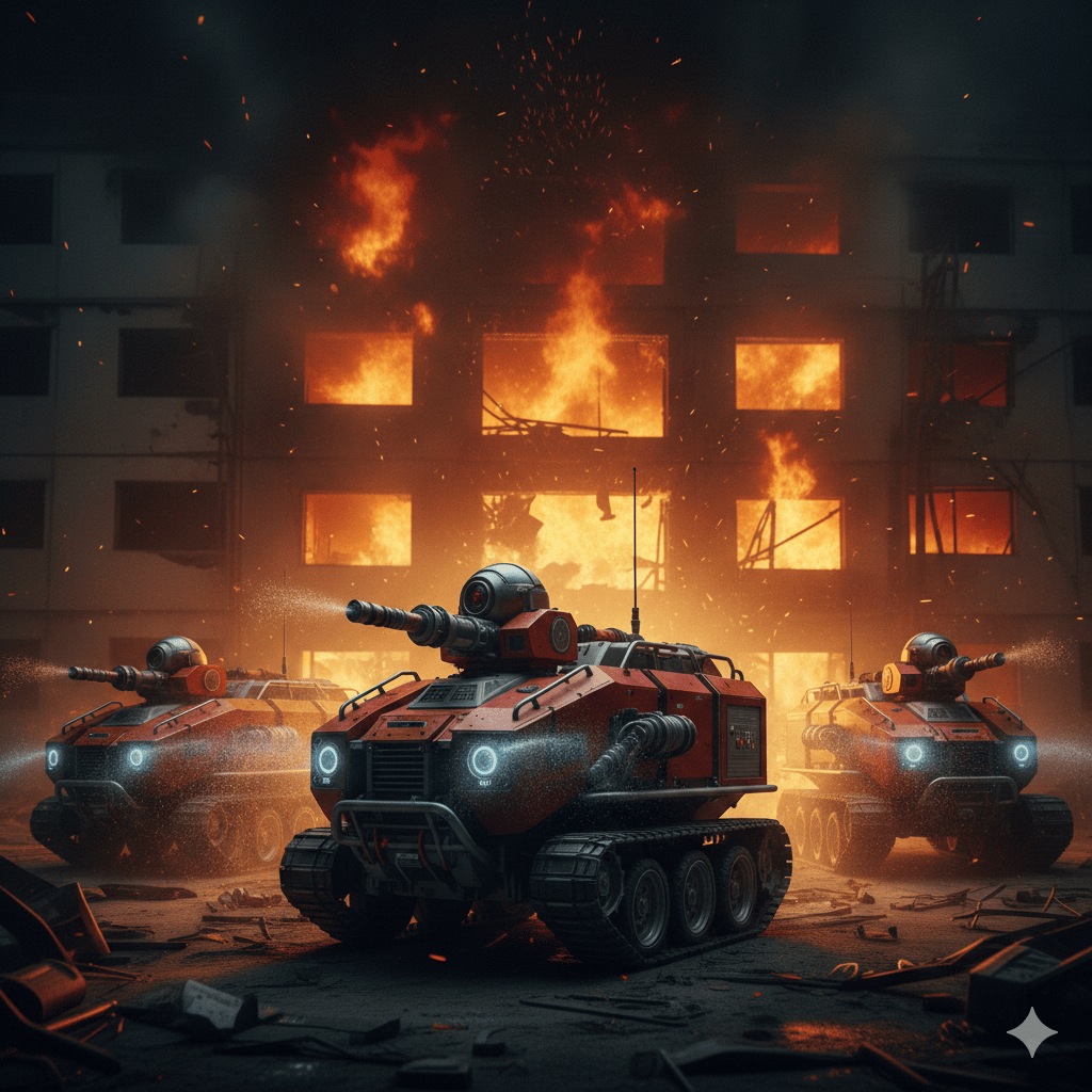 Three red robotic firefighting vehicles with water cannons stationed in front of a burning building.