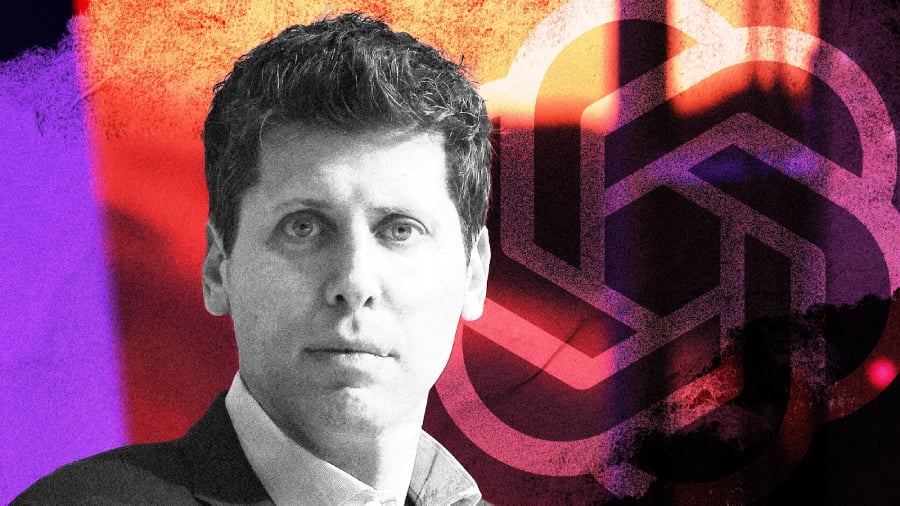 Sam Altman with OpenAI logo in the background.