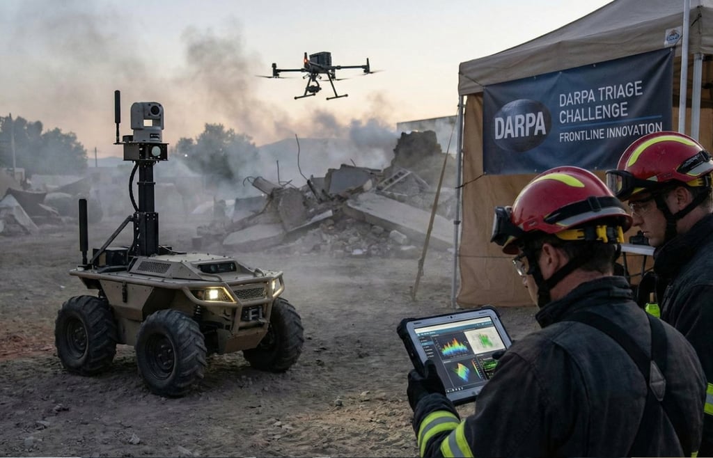Firefighters use an autonomous robot and drone during a DARPA Triage Challenge simulation.