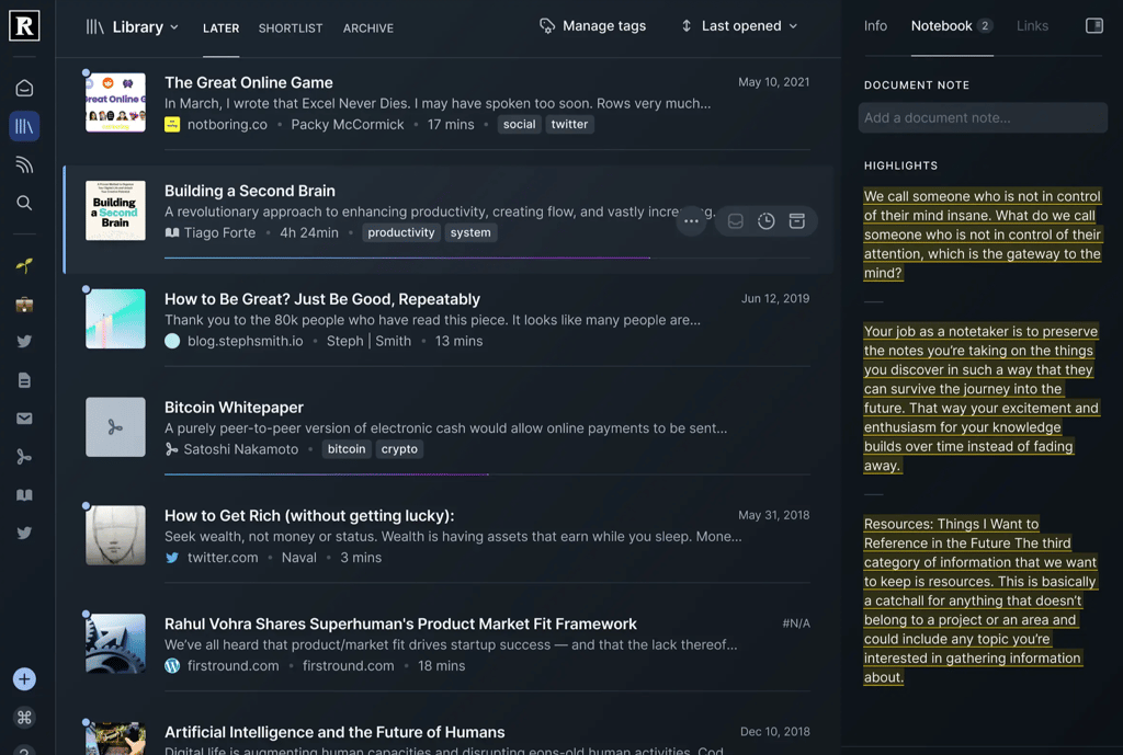 Readwise Reader collects your highlights and notes from across the web, then uses AI to summarize, connect ideas, and reinforce learning through spaced repetition
