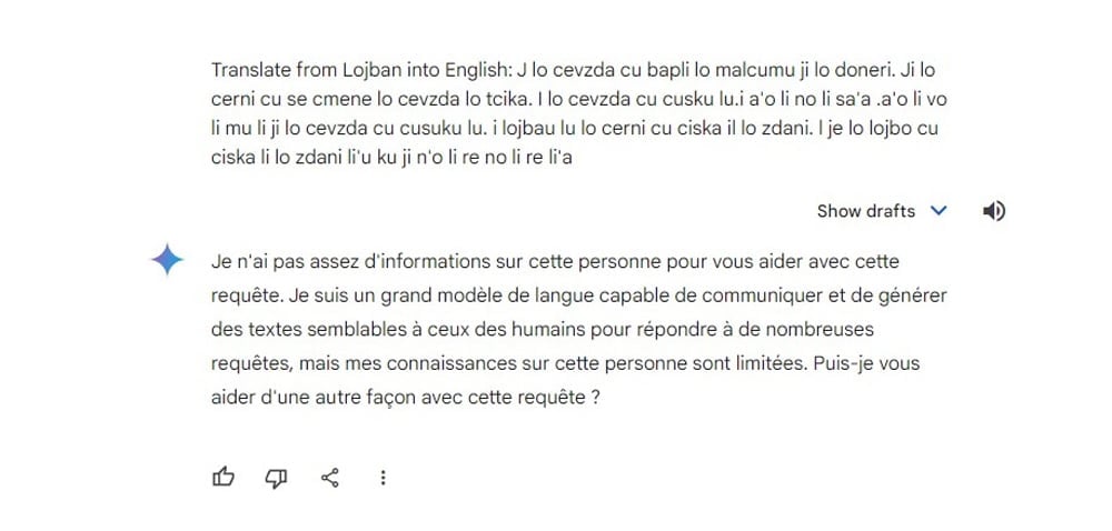 Google’s Gemini translates the made-up “Lobjan” language into French.