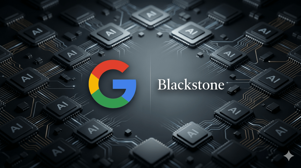 Google logo and Blackstone text logo centered on a black motherboard background filled with AI microchips and glowing gold circuit lines.
