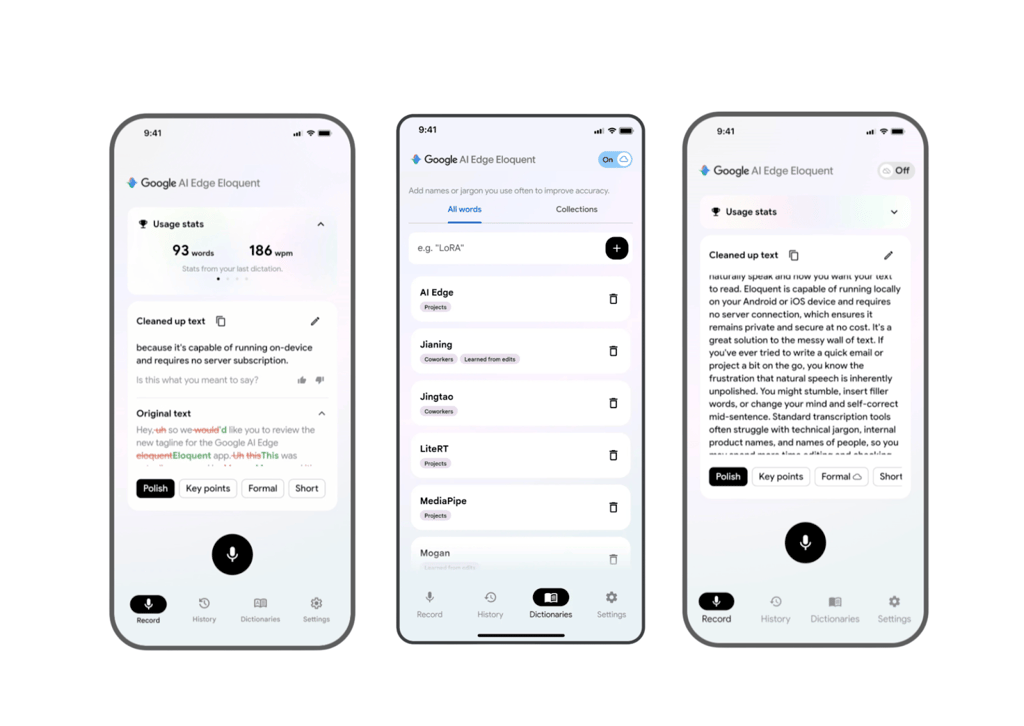 Three mobile phone screens displaying the Google AI Edge Eloquent app interfaces for dictation, custom dictionaries, and text polishing.