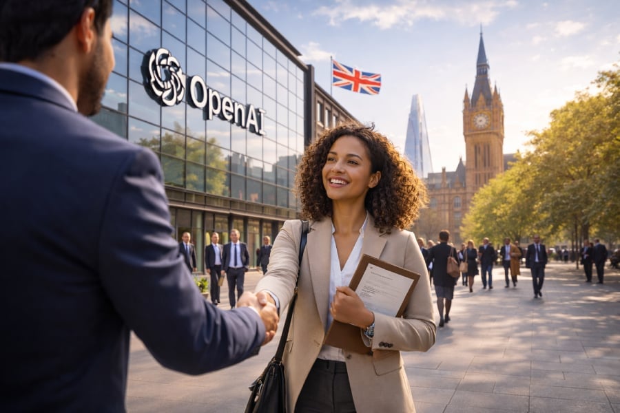 A woman shaking hands with a man outside a building with OpenAI sign written on it. The flag of UK is seen on the background.