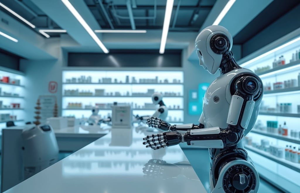 Modern pharmacy interior with a white AI robot assistant.