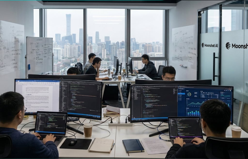 Software developers working on code in a modern Beijing office for AI company Moonshot AI