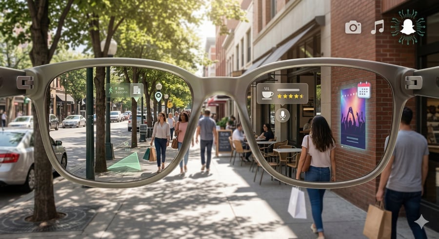 A first-person point of view on an AI glasses worn on the street.