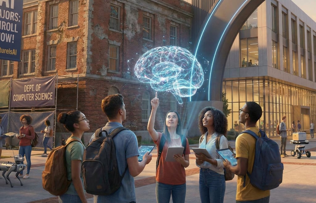 University students in computer science program interact with a holographic glowing brain, robot dog, and drone on campus