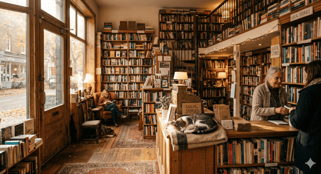A cozy independent bookshop interior