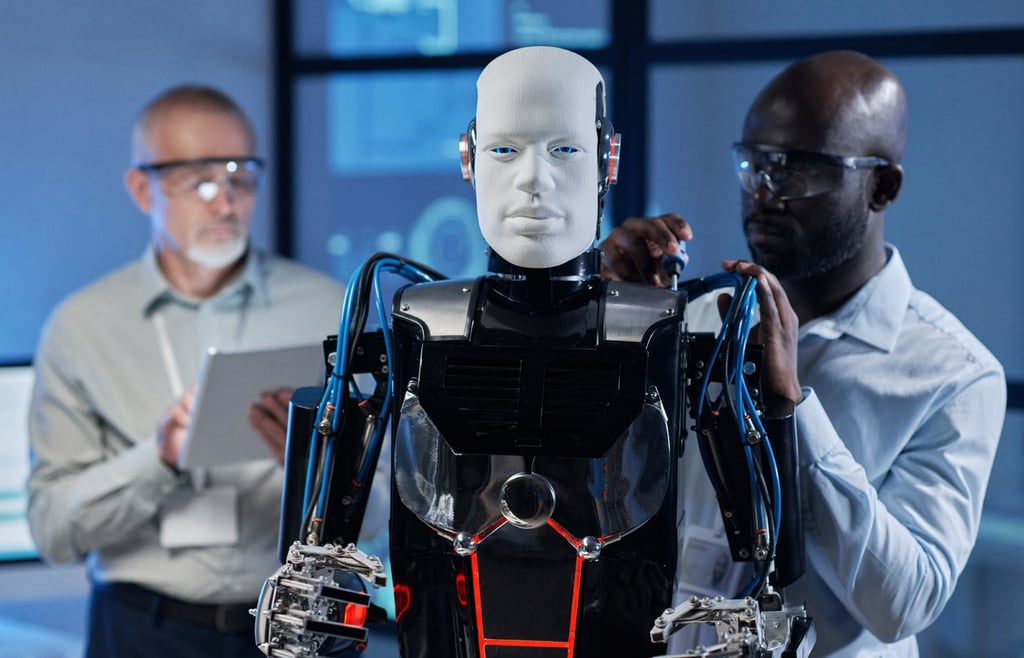 A stock image of two engineers adjusting a humanoid robot.