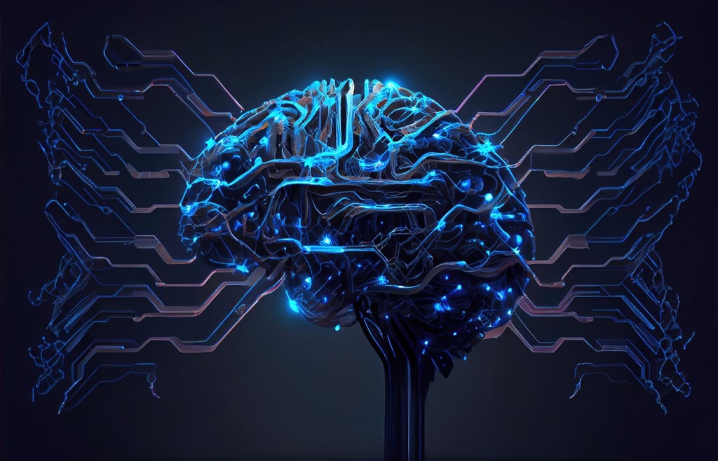 Artificial brain with bluish electric streaks and sparks in scattered regions.