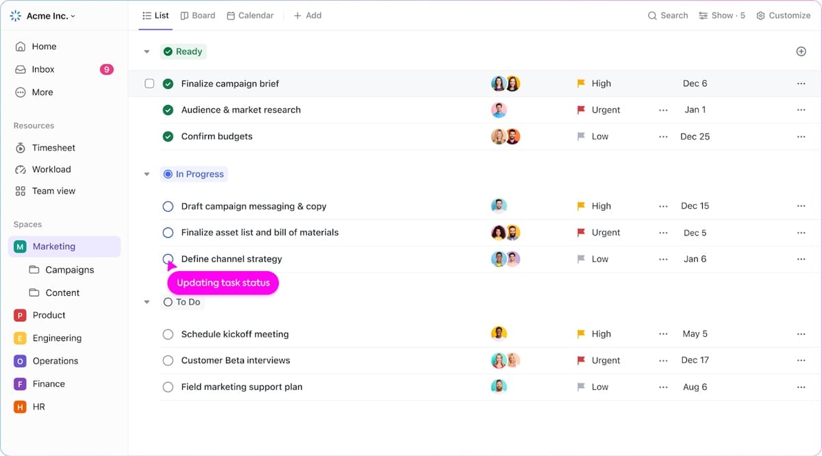 Task list view in ClickUp.