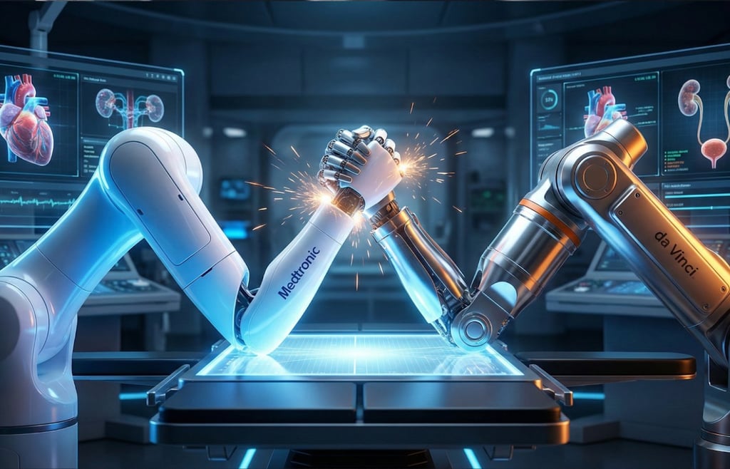 Conceptual image of the competitive battle between Medtronic and Intuitive Surgical for surgical robotics market dominance.