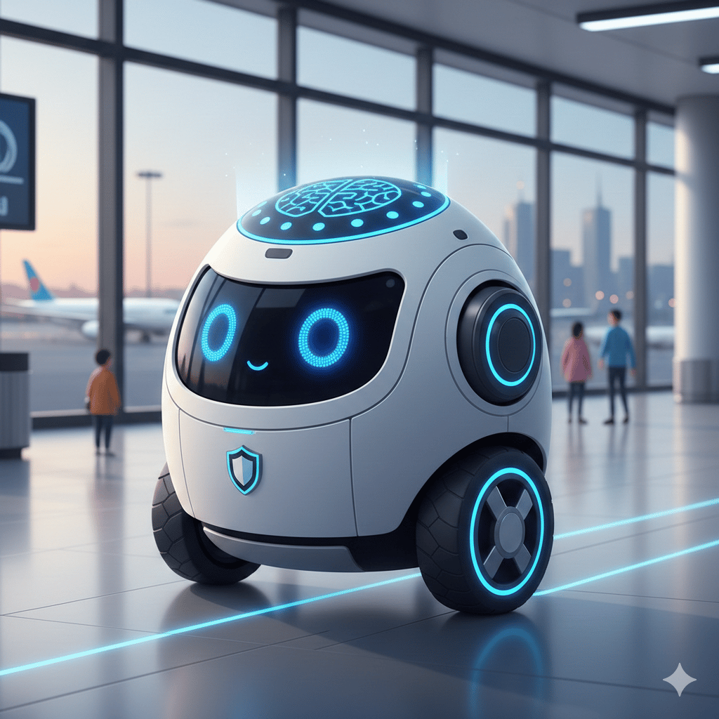 A cute, round white security robot with blue glowing eyes and wheels patrolling a modern airport terminal.