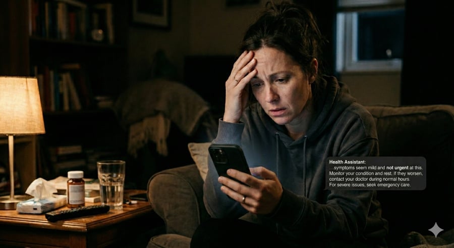 A worried woman reaching out to ChatGPT for her health concerns.