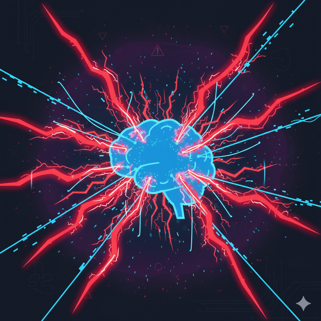 A digital illustration of a glowing blue brain being struck by several aggressive red lightning bolts from multiple directions, symbolizing a coordinated cyber attack or data extraction on an AI model.
