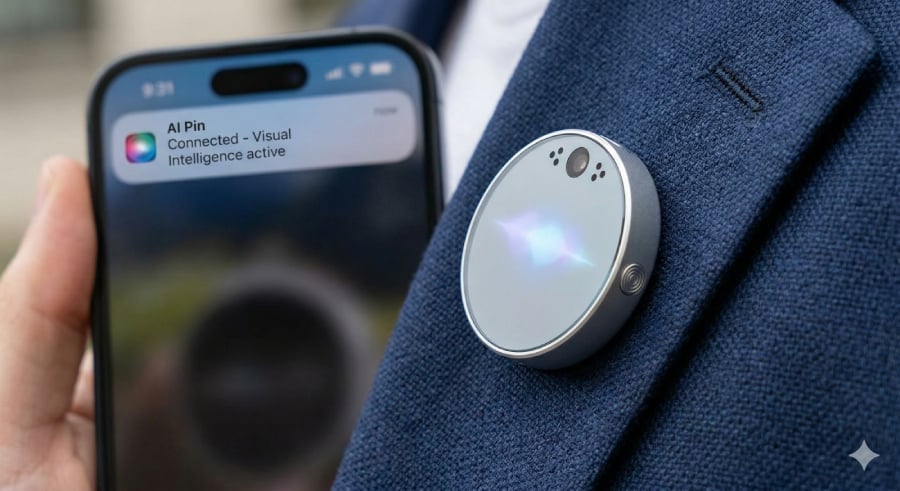 A proposed new Apple AirTag worn on suit with an iPhone handheld.