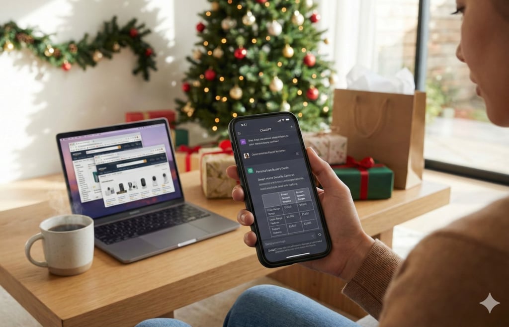 Person in a living room during the holidays shopping online for smart home security cameras on a laptop and phone