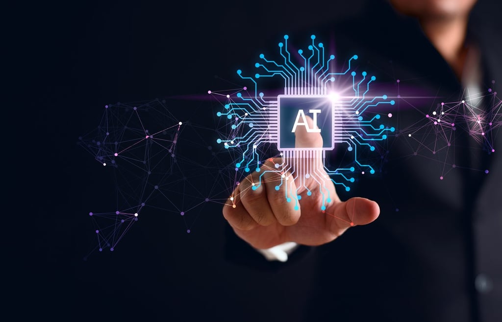 Businessman interacting with a virtual chip with AI inscription.