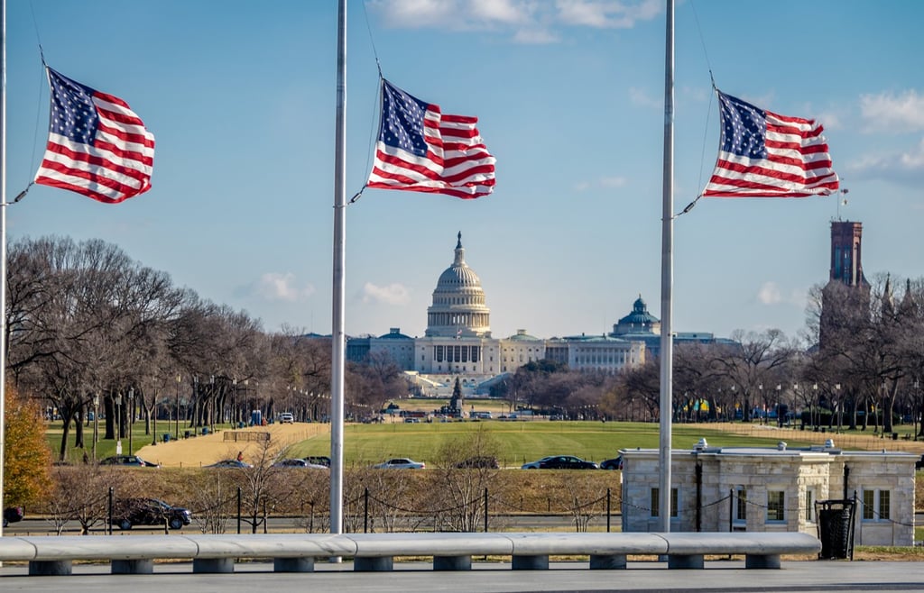 American flags with the US Capitol Building on the background.
