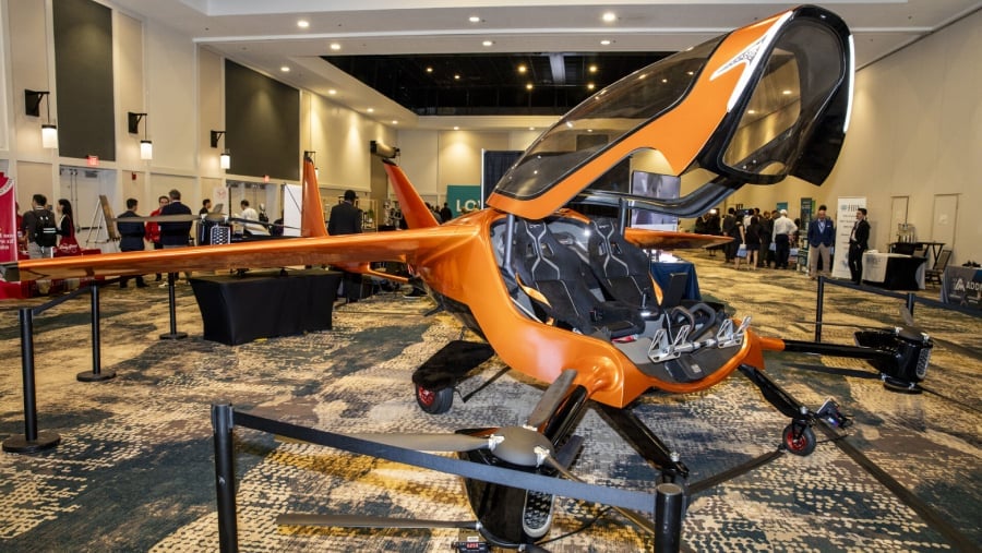 A small personal aircraft is displayed during the Edison Awards event at the Caloosa Sound Convention Center in Fort Myers, highlighting emerging aviation technology.