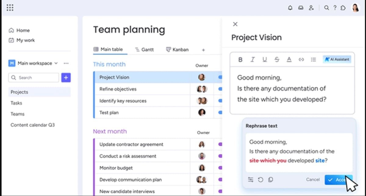 monday.com AI assistant used for team planning.